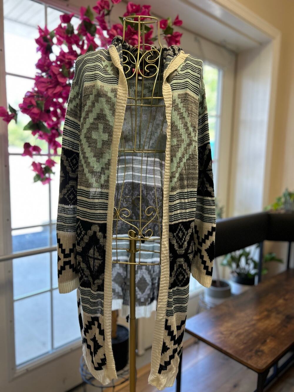 Say What? Long-Line Hooded Cardigan with Aztec/Southwestern Design